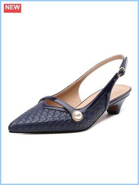 Women's Pointed Toe Slingback Pumps Embossed Woven Kitten Heel Pearl